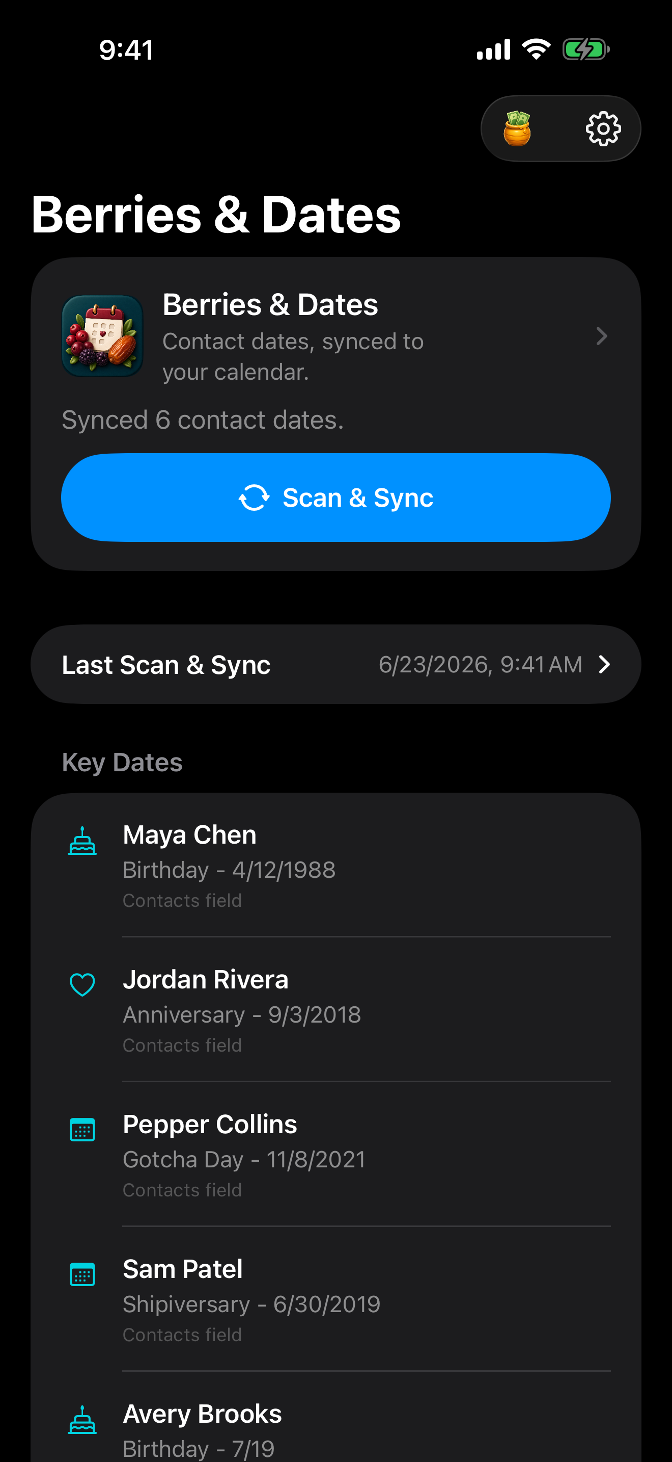 Berries & Dates home screen with Scan and Sync