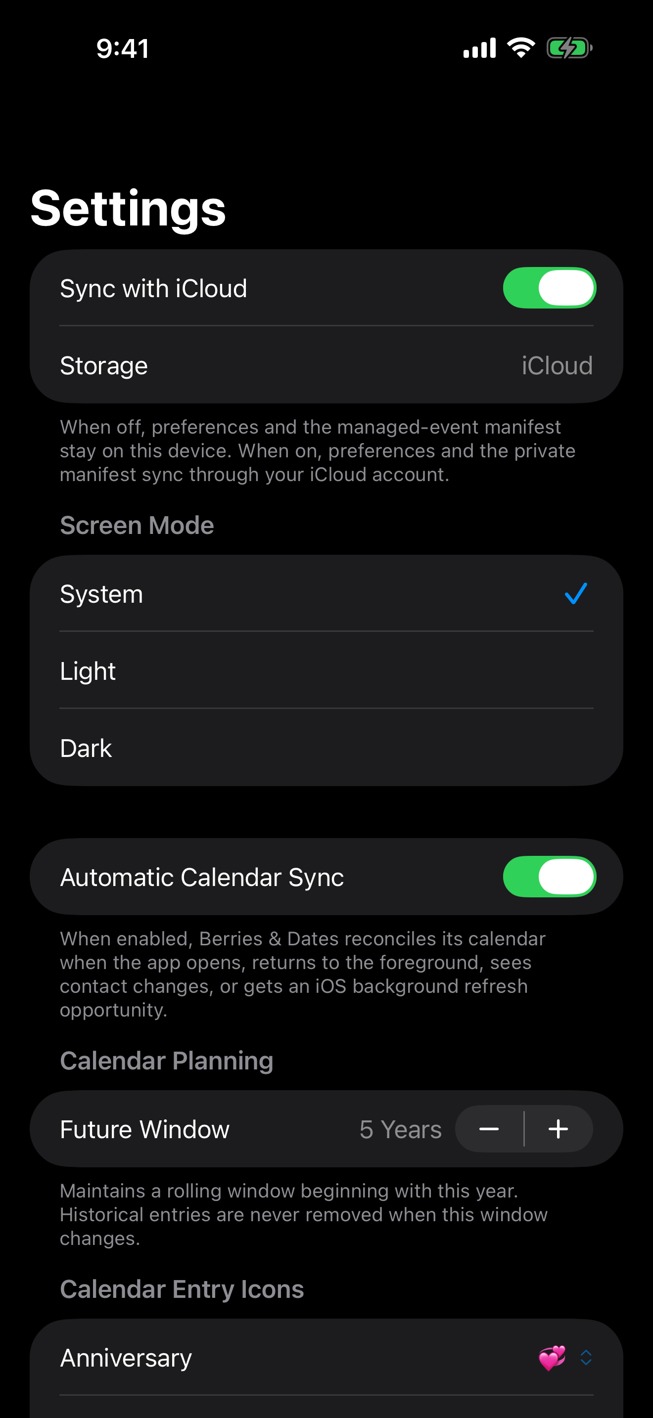 Settings showing iCloud sync, screen mode, automatic sync, future window, and calendar entry icons
