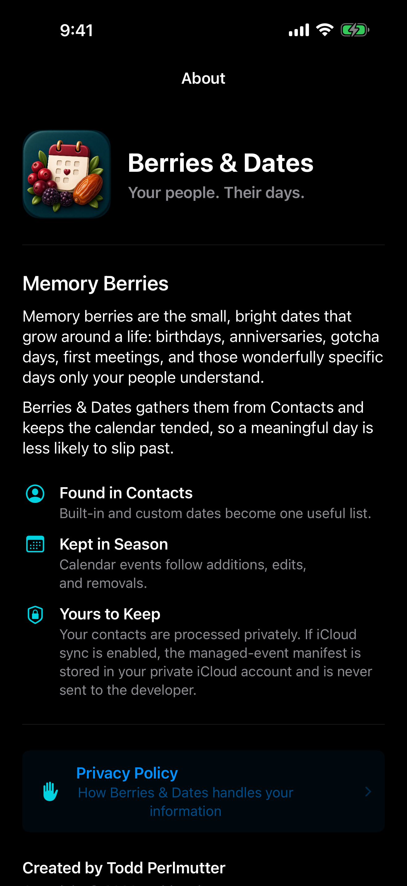 About screen explaining Memory Berries