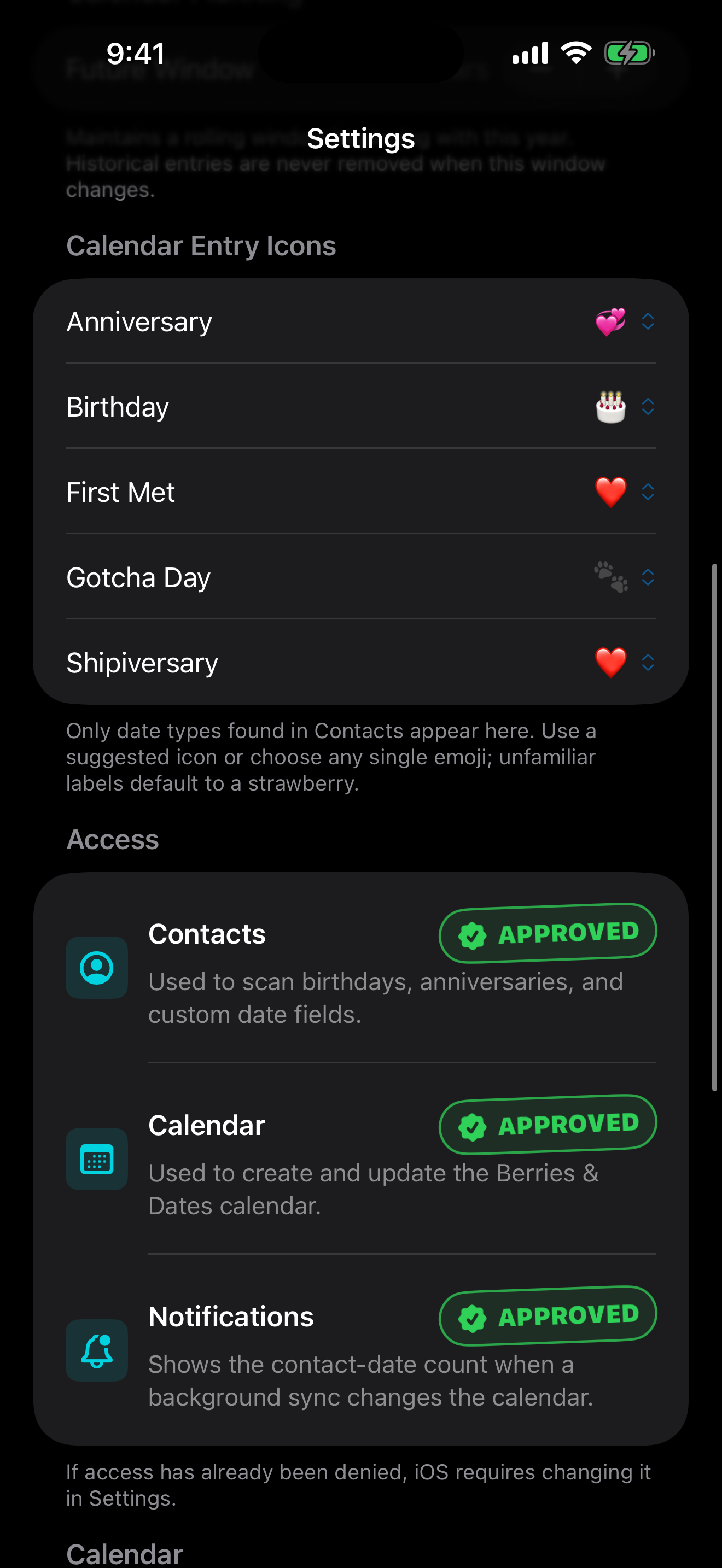 Settings showing the full Calendar Entry Icons section