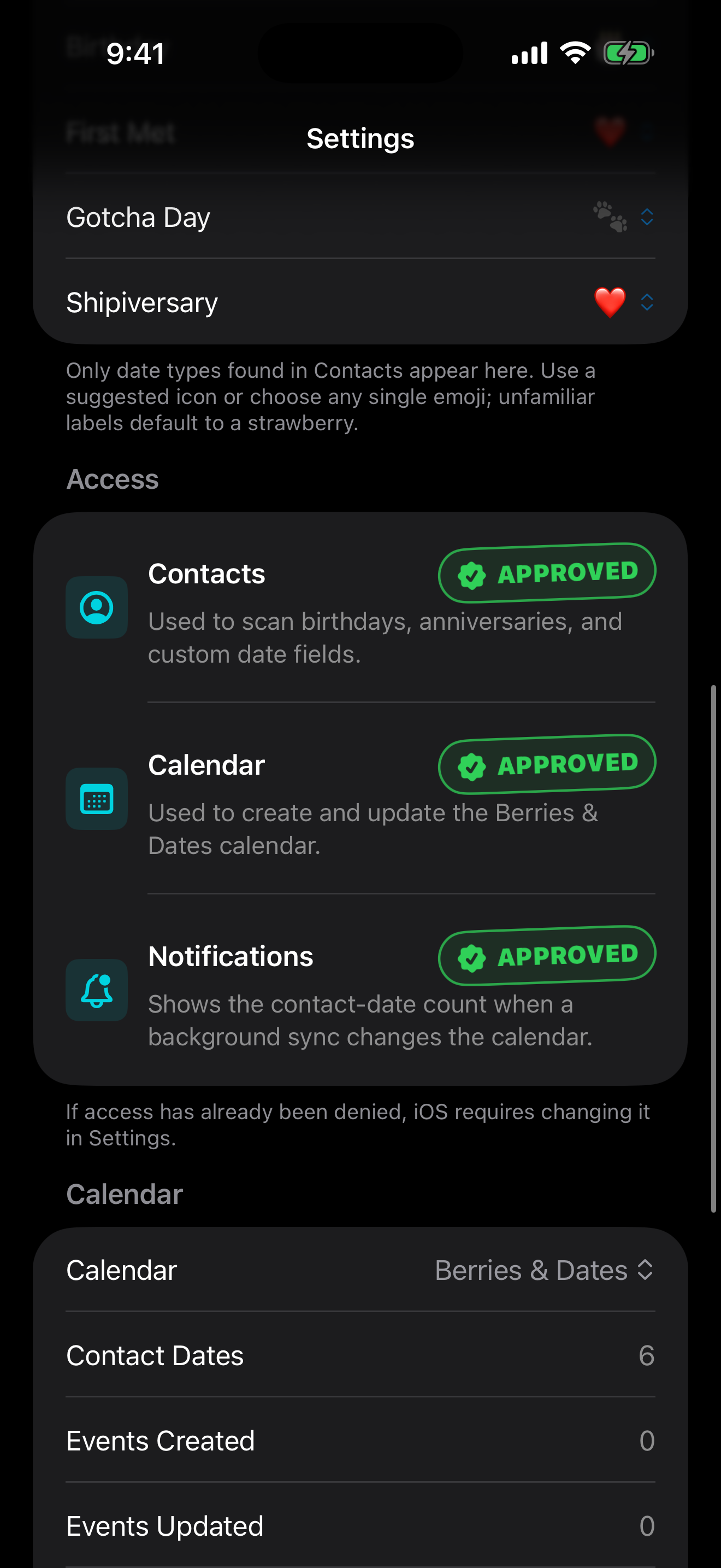 Settings showing Contacts, Calendar, and Notifications access